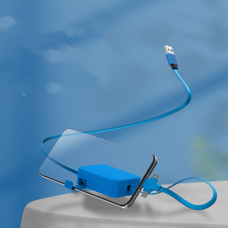 Blue phone case with USB cable on a blue gradient background