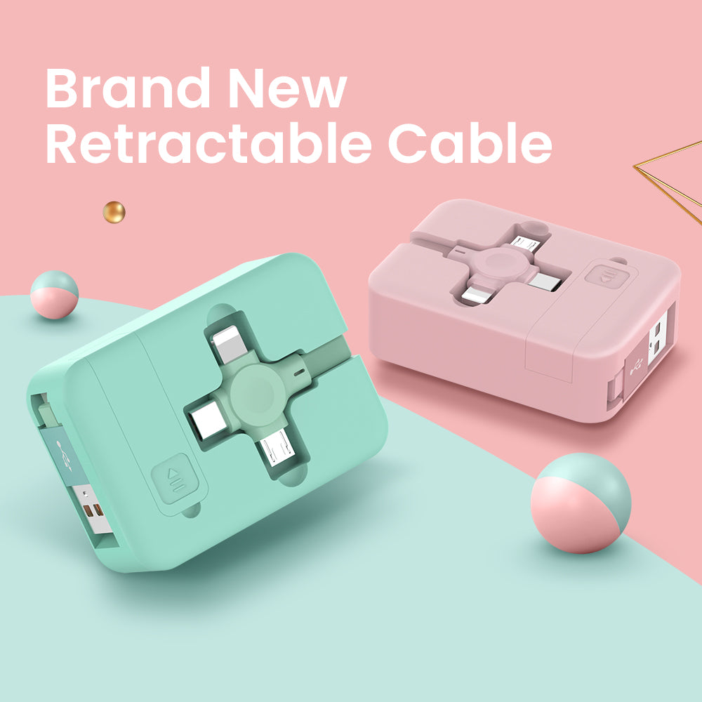 Two retractable cables, one green and one pink, on a pink and blue gradient background with text 'Brand New Retractable Cable'.