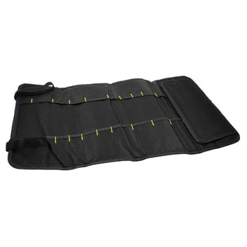 Black car organizer with yellow stitching on a white background