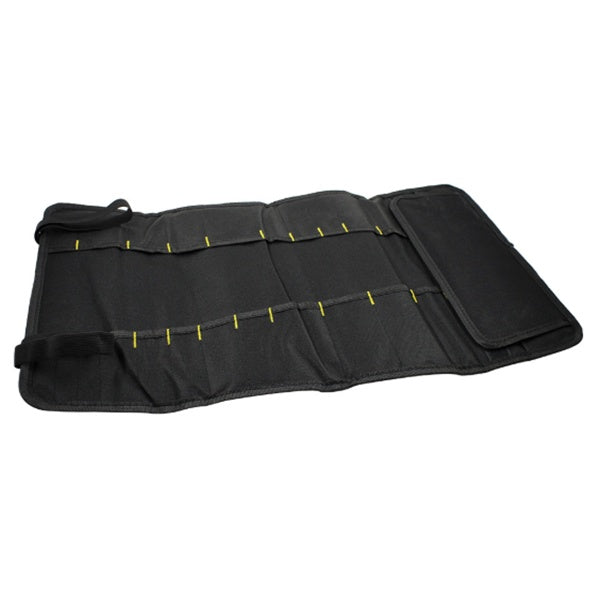 Black car organizer with yellow stitching on a white background