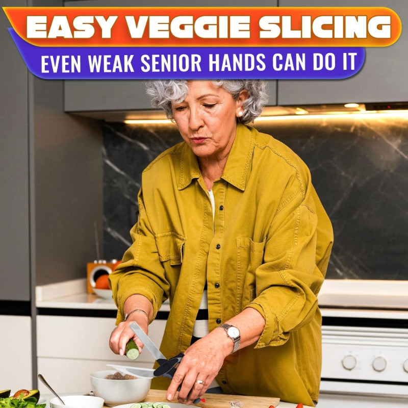 Woman in a kitchen slicing vegetables with text about easy veggie slicing.