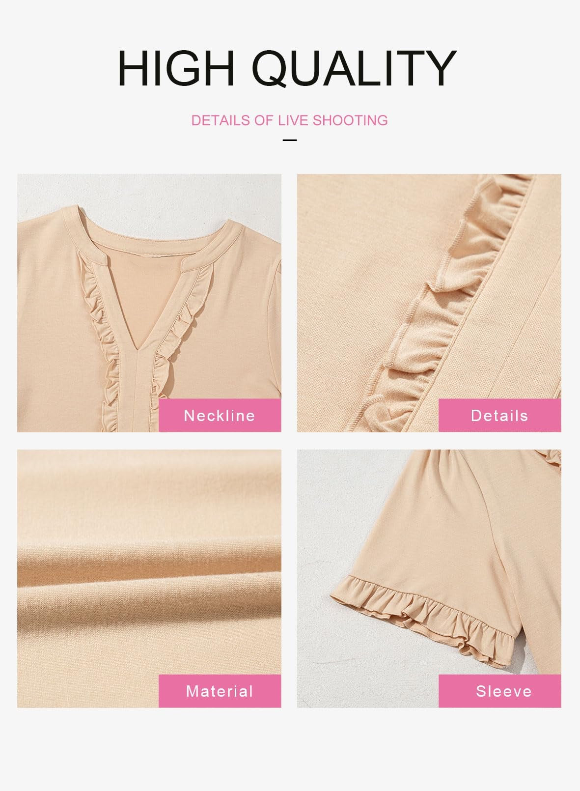 Close-up details of a beige garment including neckline, material, sleeve, and design elements on a white background.