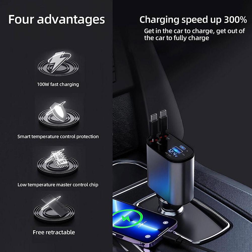 🚗 4-in-1 Retractable Car Charger – Fast & Tangle-Free Charging