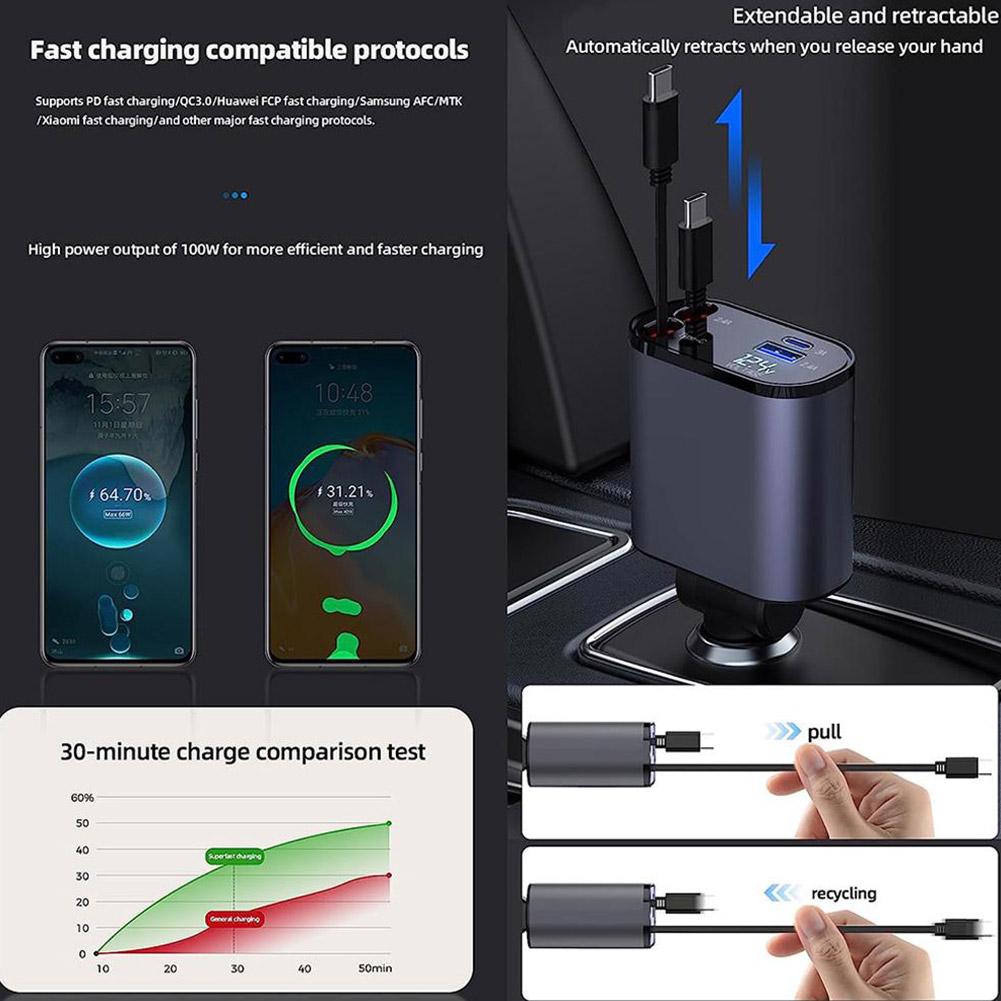 🚗 4-in-1 Retractable Car Charger – Fast & Tangle-Free Charging