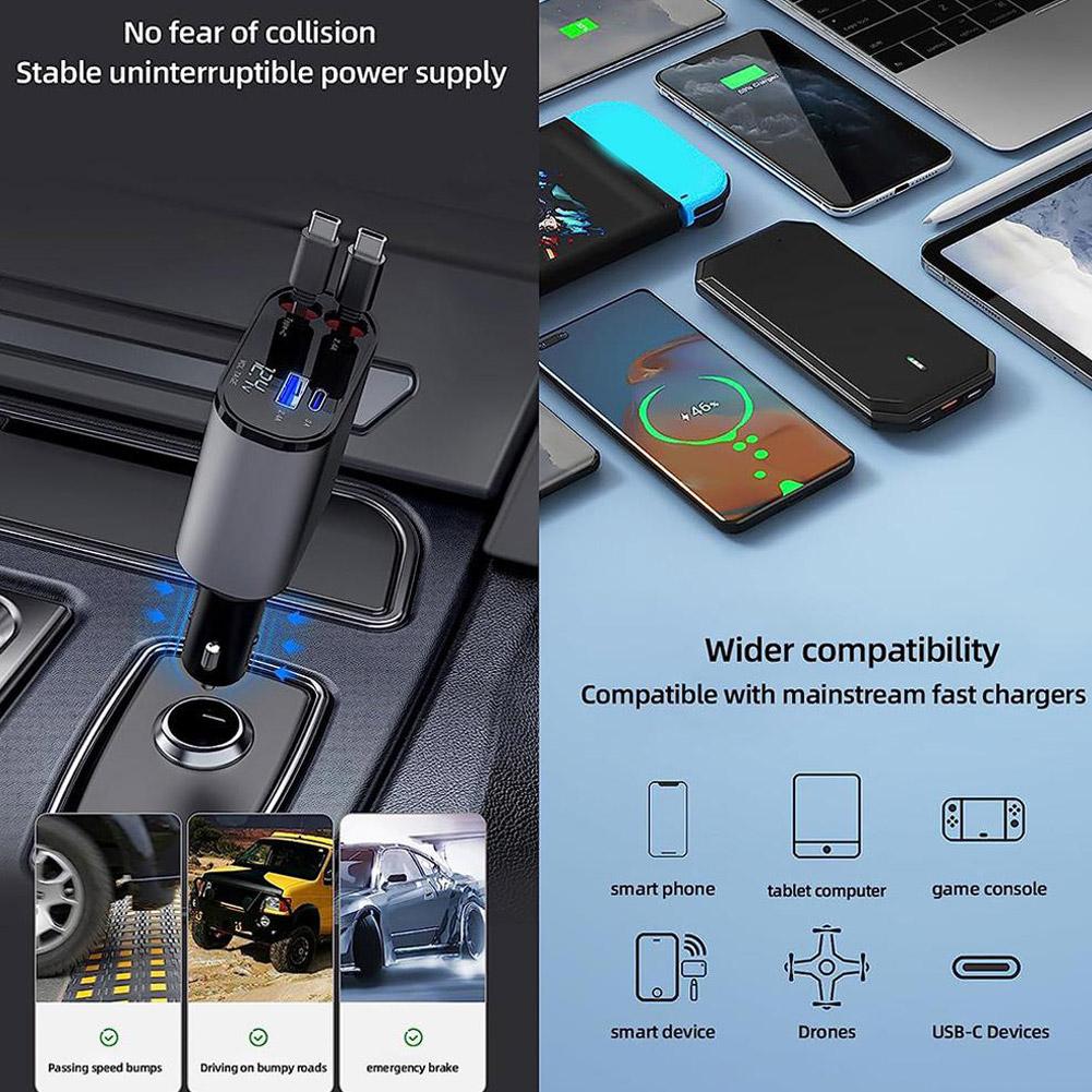 🚗 4-in-1 Retractable Car Charger – Fast & Tangle-Free Charging
