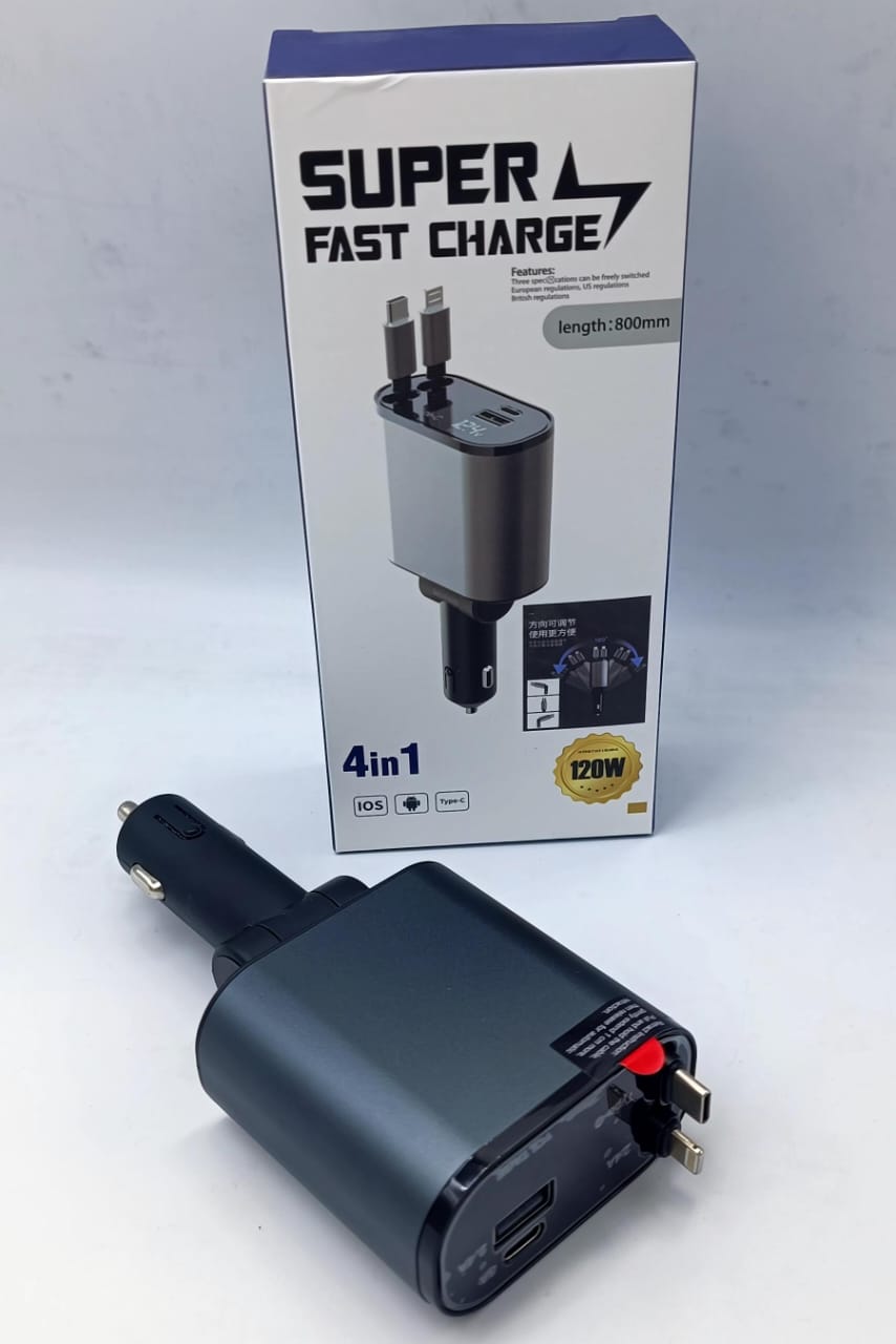 🚗 4-in-1 Retractable Car Charger – Fast & Tangle-Free Charging