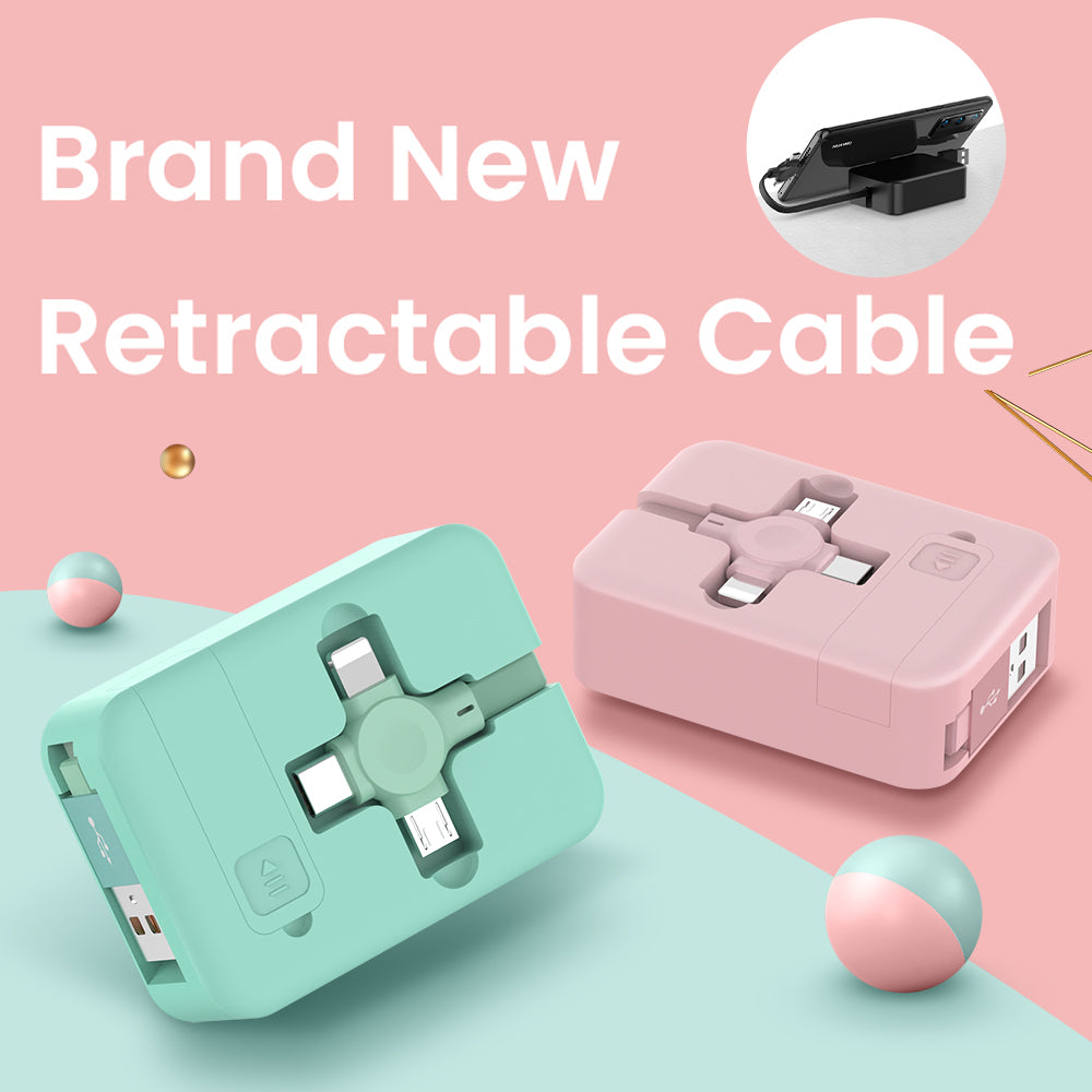 Two retractable cables, one green and one pink, on a light blue surface with a pink background.