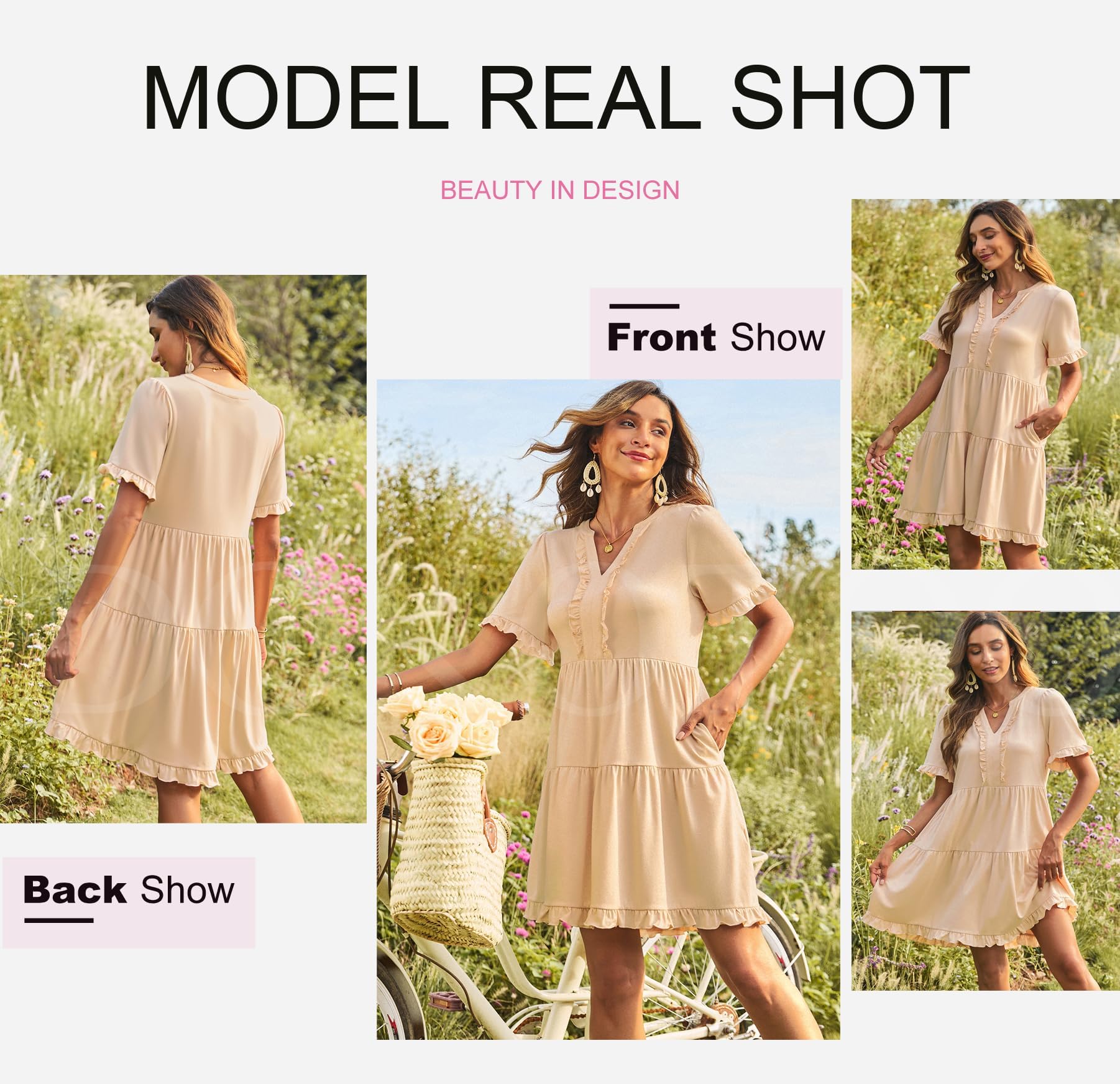 Collage of a woman wearing a beige dress in various settings with text indicating 'Model Real Shot' and 'Beauty in Design'.