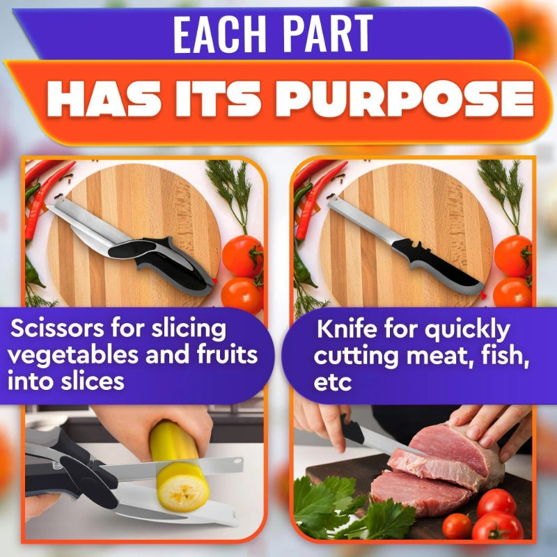 Two parts of a kitchen tool set with text explaining their uses on a cutting board.