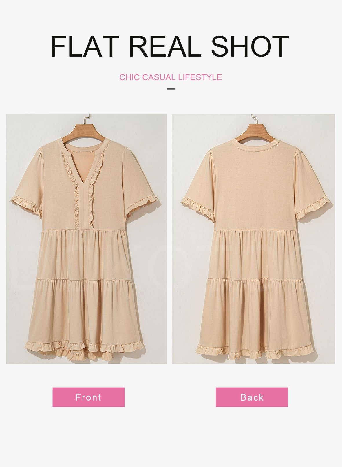 Beige dress shown from front and back on a white background