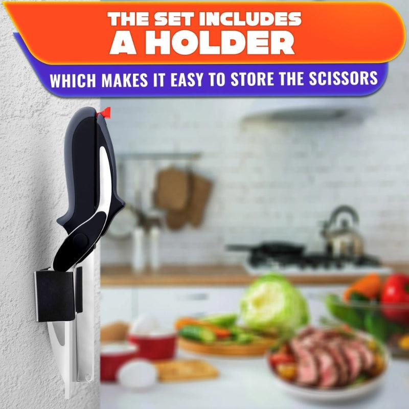 Scissors holder on a kitchen wall with a blurred background of a kitchen counter.