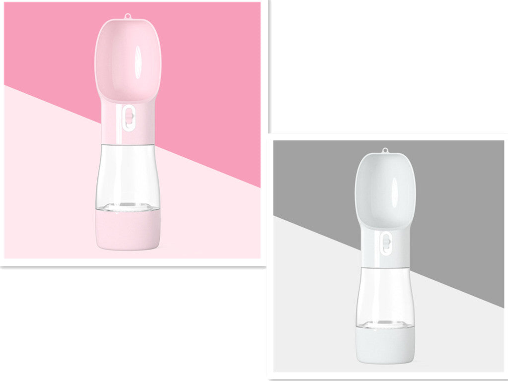 Pink and white water bottles on a pink and gray background