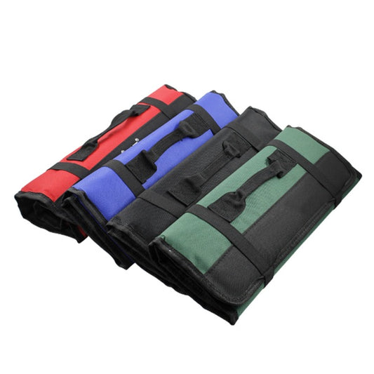 Four tool rolls in red, blue, black, and green on a white background