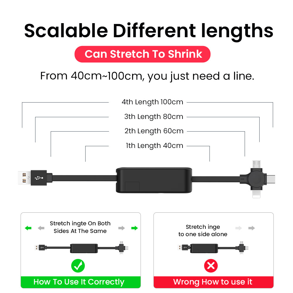 Stretchable cable with labeled lengths and usage instructions on a white background
