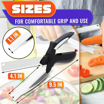 Knife with measurements and usage illustration on a colorful background